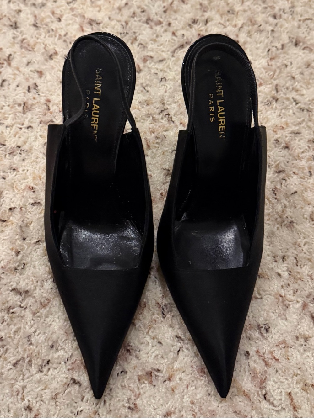 Saint Laurent Black Pointed Slingback Satin Pumps